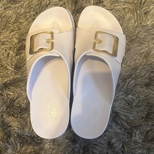 White Slide Sandals with Gold Buckle